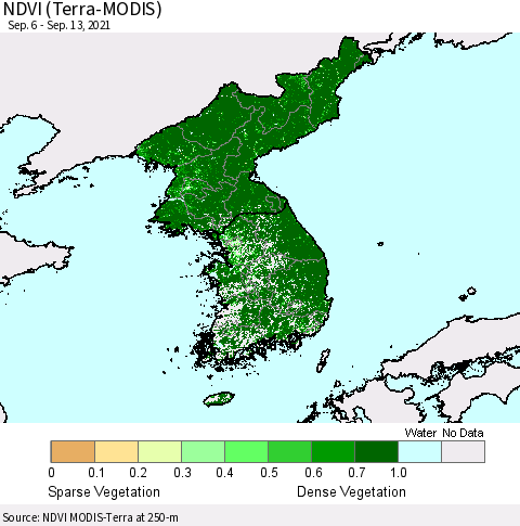 Korea NDVI (Terra-MODIS) Thematic Map For 9/6/2021 - 9/13/2021