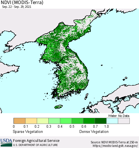 Korea NDVI (Terra-MODIS) Thematic Map For 9/21/2021 - 9/30/2021