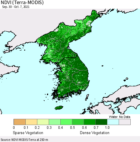 Korea NDVI (Terra-MODIS) Thematic Map For 9/30/2021 - 10/7/2021