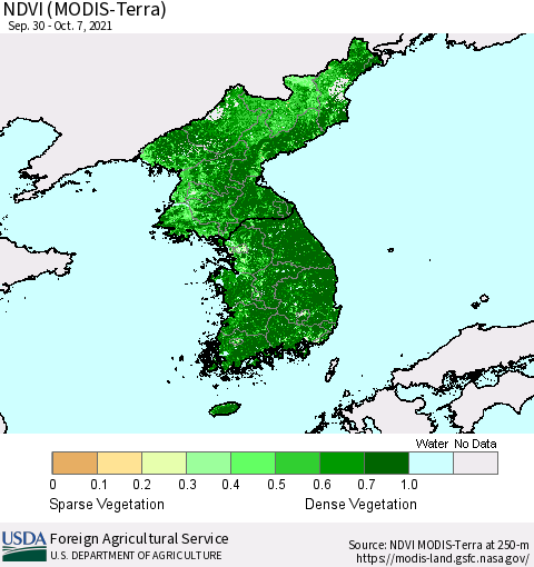 Korea NDVI (Terra-MODIS) Thematic Map For 10/1/2021 - 10/10/2021
