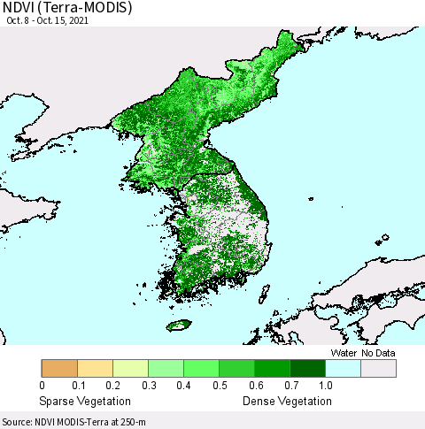 Korea NDVI (Terra-MODIS) Thematic Map For 10/8/2021 - 10/15/2021