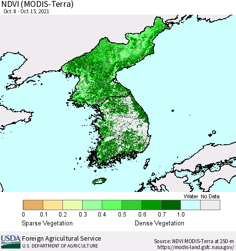 Korea NDVI (Terra-MODIS) Thematic Map For 10/11/2021 - 10/20/2021