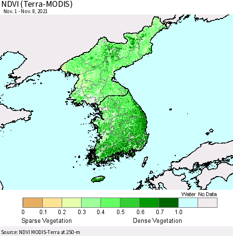 Korea NDVI (Terra-MODIS) Thematic Map For 11/1/2021 - 11/8/2021