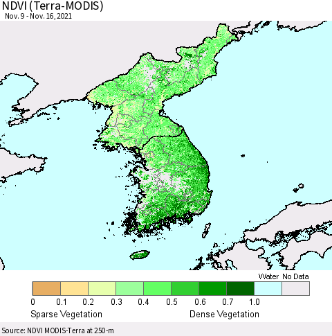 Korea NDVI (Terra-MODIS) Thematic Map For 11/9/2021 - 11/16/2021