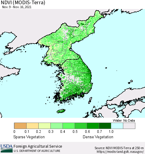 Korea NDVI (Terra-MODIS) Thematic Map For 11/11/2021 - 11/20/2021