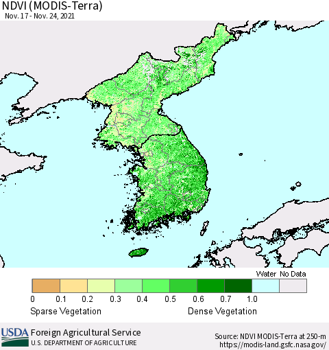 Korea NDVI (Terra-MODIS) Thematic Map For 11/21/2021 - 11/30/2021