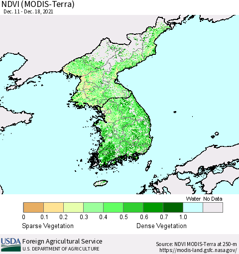 Korea NDVI (Terra-MODIS) Thematic Map For 12/11/2021 - 12/20/2021