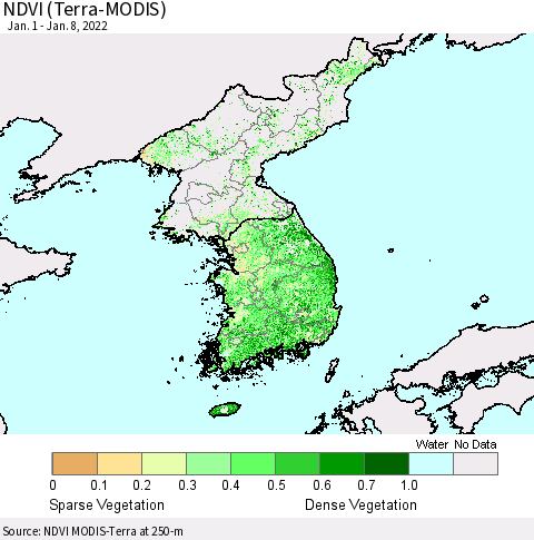 Korea NDVI (Terra-MODIS) Thematic Map For 1/1/2022 - 1/8/2022