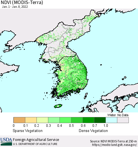 Korea NDVI (Terra-MODIS) Thematic Map For 1/1/2022 - 1/10/2022