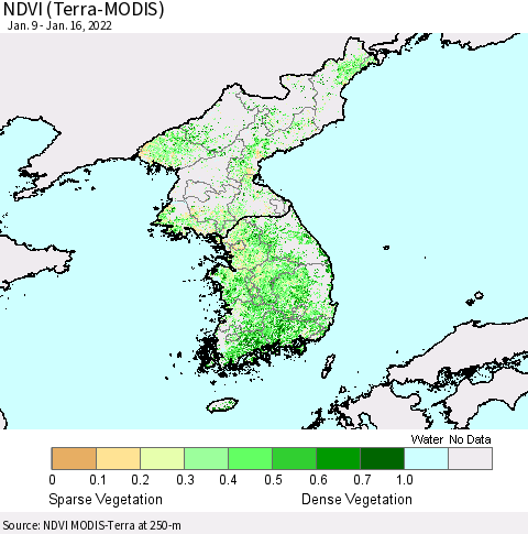 Korea NDVI (Terra-MODIS) Thematic Map For 1/9/2022 - 1/16/2022