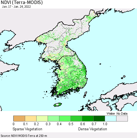 Korea NDVI (Terra-MODIS) Thematic Map For 1/17/2022 - 1/24/2022