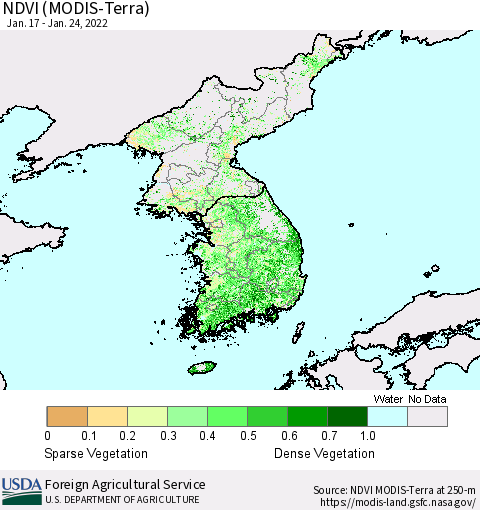 Korea NDVI (Terra-MODIS) Thematic Map For 1/21/2022 - 1/31/2022