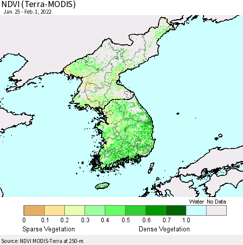 Korea NDVI (Terra-MODIS) Thematic Map For 1/25/2022 - 2/1/2022