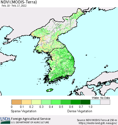 Korea NDVI (Terra-MODIS) Thematic Map For 2/11/2022 - 2/20/2022