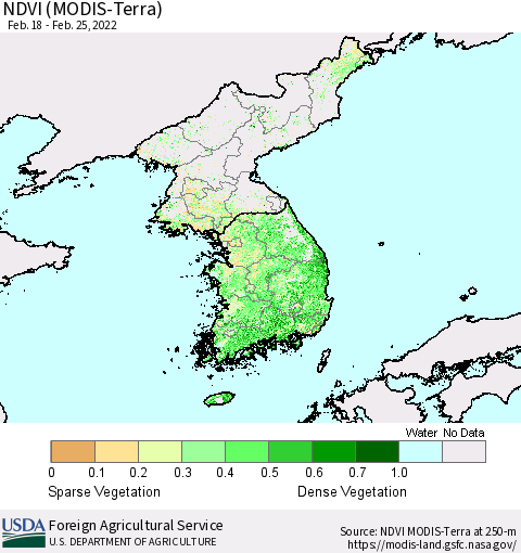 Korea NDVI (Terra-MODIS) Thematic Map For 2/21/2022 - 2/28/2022