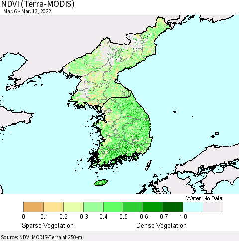 Korea NDVI (Terra-MODIS) Thematic Map For 3/6/2022 - 3/13/2022