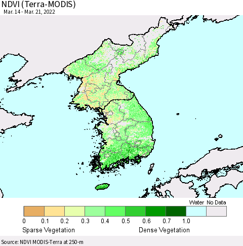 Korea NDVI (Terra-MODIS) Thematic Map For 3/14/2022 - 3/21/2022