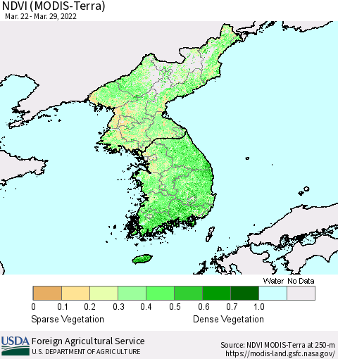 Korea NDVI (Terra-MODIS) Thematic Map For 3/21/2022 - 3/31/2022