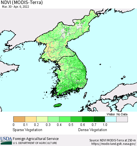 Korea NDVI (Terra-MODIS) Thematic Map For 4/1/2022 - 4/10/2022
