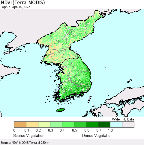 Korea NDVI (Terra-MODIS) Thematic Map For 4/7/2022 - 4/14/2022