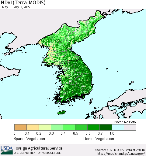 Korea NDVI (Terra-MODIS) Thematic Map For 5/1/2022 - 5/10/2022