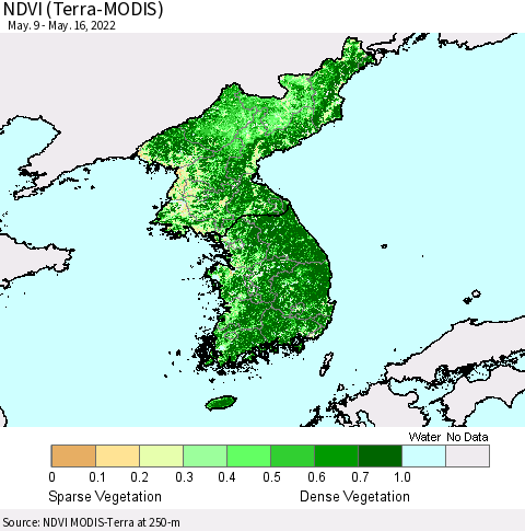 Korea NDVI (Terra-MODIS) Thematic Map For 5/9/2022 - 5/16/2022