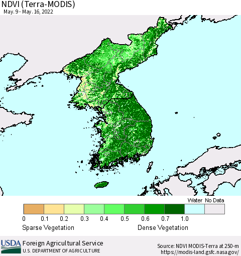 Korea NDVI (Terra-MODIS) Thematic Map For 5/11/2022 - 5/20/2022