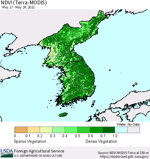 Korea NDVI (Terra-MODIS) Thematic Map For 5/21/2022 - 5/31/2022