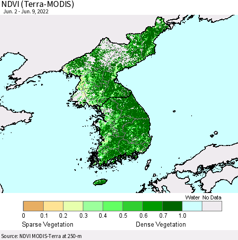 Korea NDVI (Terra-MODIS) Thematic Map For 6/2/2022 - 6/9/2022