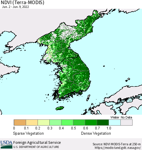 Korea NDVI (Terra-MODIS) Thematic Map For 6/1/2022 - 6/10/2022
