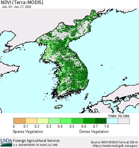 Korea NDVI (Terra-MODIS) Thematic Map For 6/11/2022 - 6/20/2022