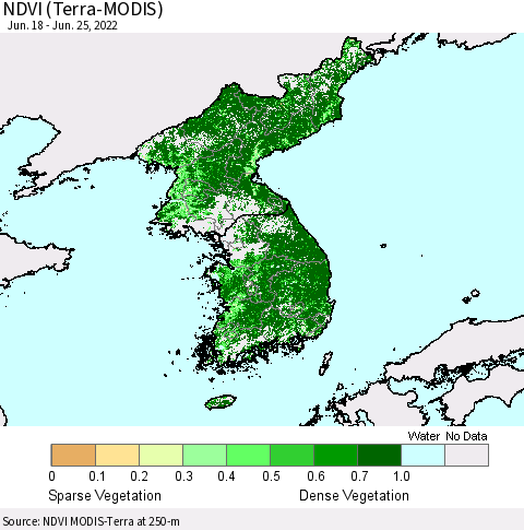 Korea NDVI (Terra-MODIS) Thematic Map For 6/18/2022 - 6/25/2022
