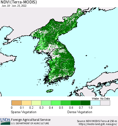 Korea NDVI (Terra-MODIS) Thematic Map For 6/21/2022 - 6/30/2022