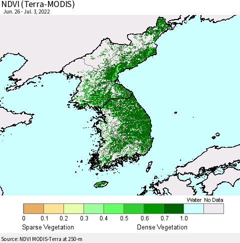 Korea NDVI (Terra-MODIS) Thematic Map For 6/26/2022 - 7/3/2022