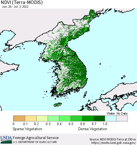Korea NDVI (Terra-MODIS) Thematic Map For 7/1/2022 - 7/10/2022