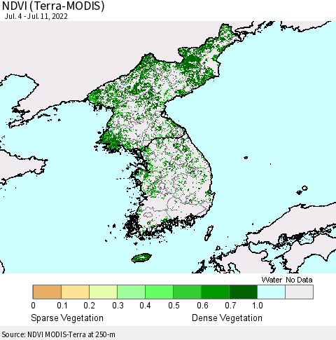 Korea NDVI (Terra-MODIS) Thematic Map For 7/4/2022 - 7/11/2022