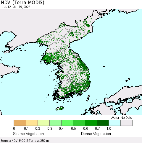 Korea NDVI (Terra-MODIS) Thematic Map For 7/12/2022 - 7/19/2022