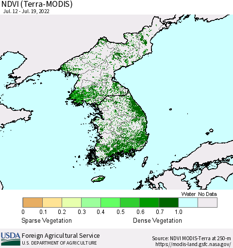 Korea NDVI (Terra-MODIS) Thematic Map For 7/11/2022 - 7/20/2022