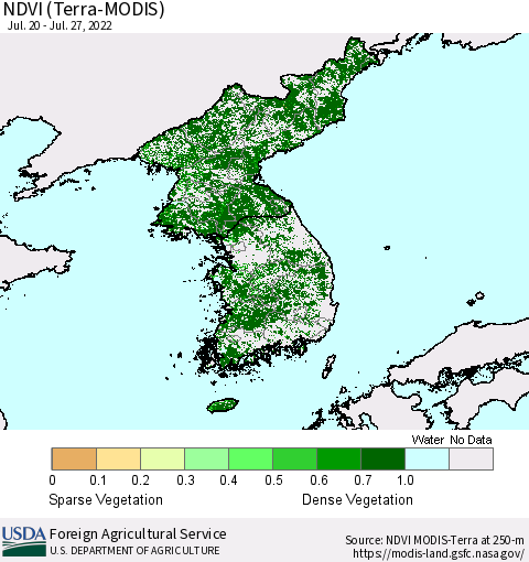Korea NDVI (Terra-MODIS) Thematic Map For 7/21/2022 - 7/31/2022