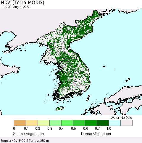 Korea NDVI (Terra-MODIS) Thematic Map For 7/28/2022 - 8/4/2022