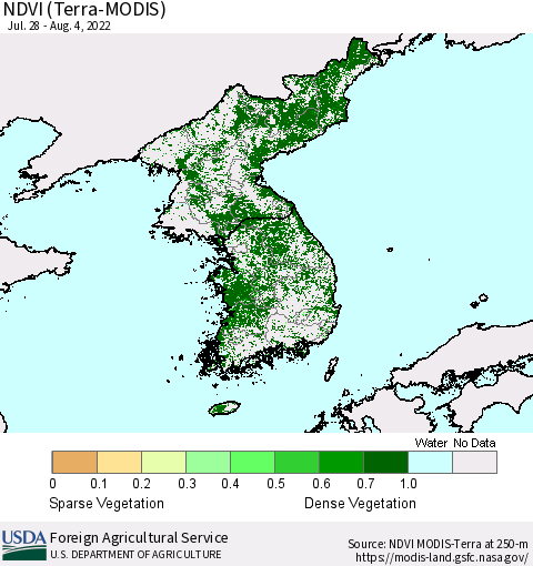Korea NDVI (Terra-MODIS) Thematic Map For 8/1/2022 - 8/10/2022