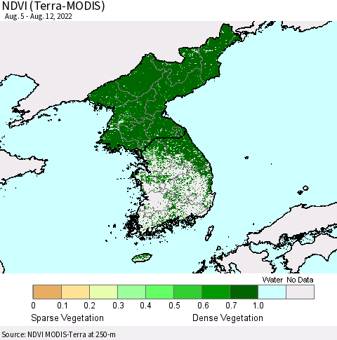 Korea NDVI (Terra-MODIS) Thematic Map For 8/5/2022 - 8/12/2022