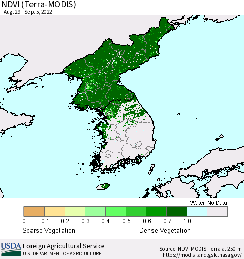 Korea NDVI (Terra-MODIS) Thematic Map For 9/1/2022 - 9/10/2022