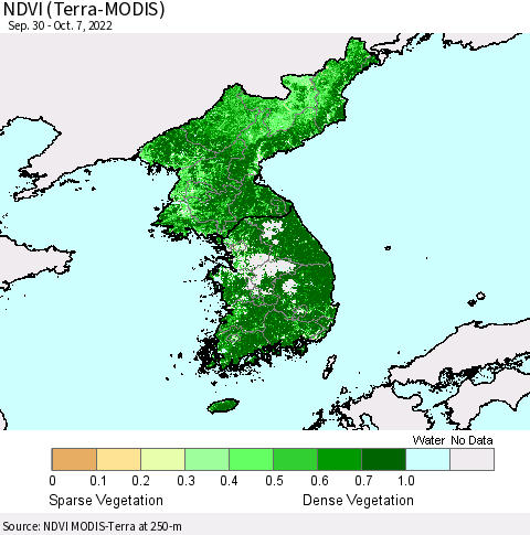 Korea NDVI (Terra-MODIS) Thematic Map For 9/30/2022 - 10/7/2022