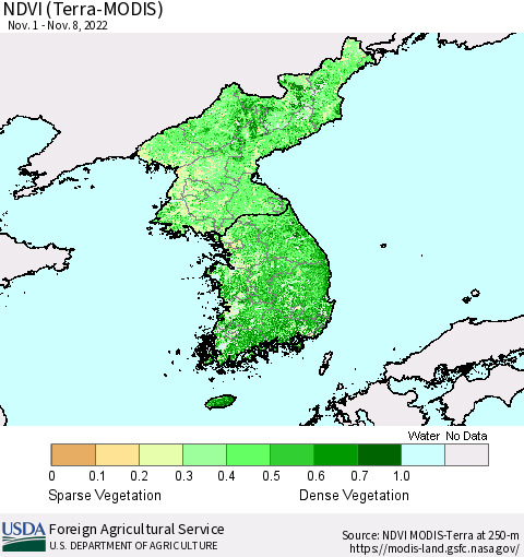 Korea NDVI (Terra-MODIS) Thematic Map For 11/1/2022 - 11/10/2022