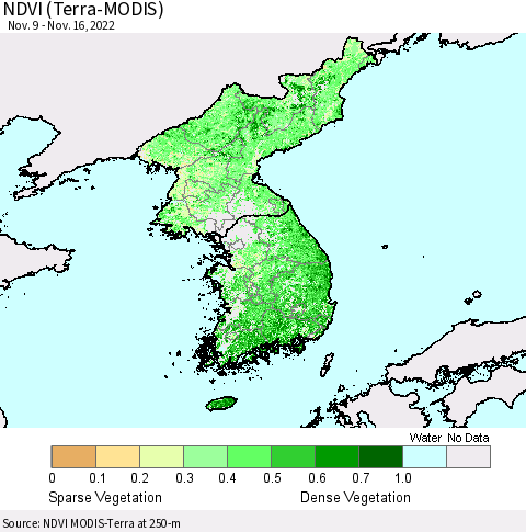 Korea NDVI (Terra-MODIS) Thematic Map For 11/9/2022 - 11/16/2022