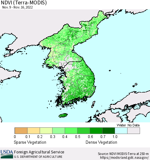 Korea NDVI (Terra-MODIS) Thematic Map For 11/11/2022 - 11/20/2022