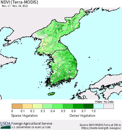 Korea NDVI (Terra-MODIS) Thematic Map For 11/21/2022 - 11/30/2022