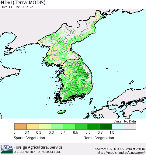 Korea NDVI (Terra-MODIS) Thematic Map For 12/11/2022 - 12/20/2022