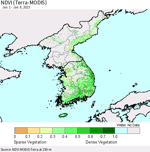 Korea NDVI (Terra-MODIS) Thematic Map For 1/1/2023 - 1/8/2023